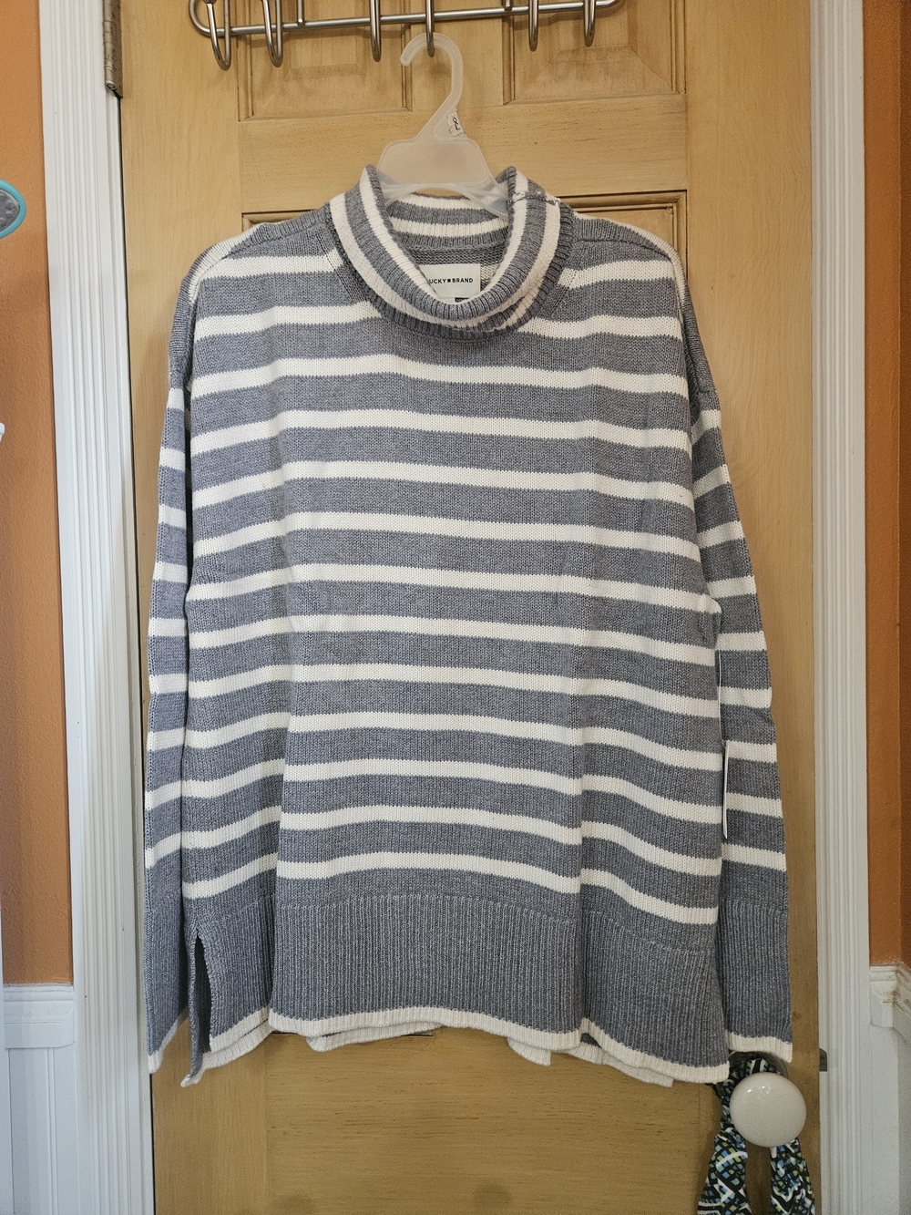 Lucky Brand Women's Gray & Cream Striped Turtleneck Sweater